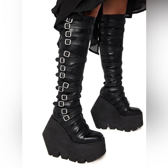 Gothic Black Buckle Strappy Monster Wedge Knee High Platform Boots - 9 - Picture 4 of 17